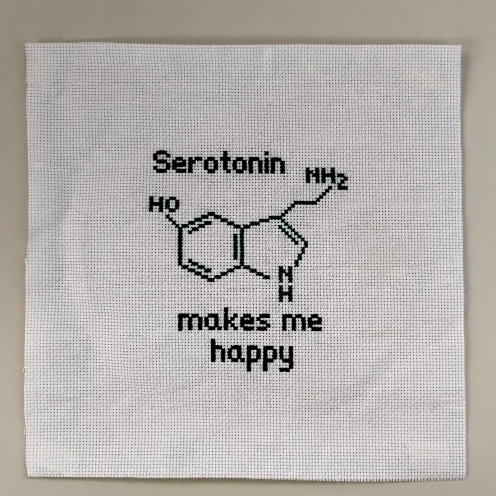 Serotonin Makes me Happy /  Cross Stitch / Completed, Hand Made